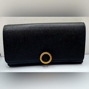 Bulgari Bvlgari Black Leather Long Wallet with Gold Logo Closure